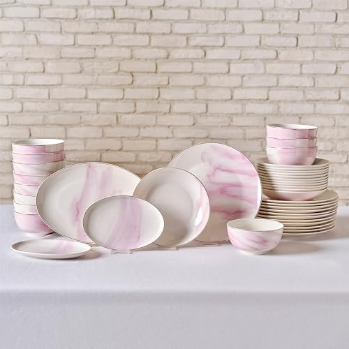 Karaca Ria New Service de table 39 pièces pour 12 personnes, violet – Élégante vaisselle en porcelaine avec 12 assiettes plates, 12 assiettes creuses, 12 bols, 2 petites assiettes ovales et 1 grande