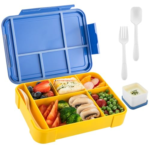 Whcctl Brotdose Kinder mit Fächern, Bento Box Kinder, Lunchbox Kinder, Brotdose Kindergarten, Personalisierte Kinder Brotdose Mit Fächern, Geeignet für Schulen, Picknicks(Blau-Gelb)