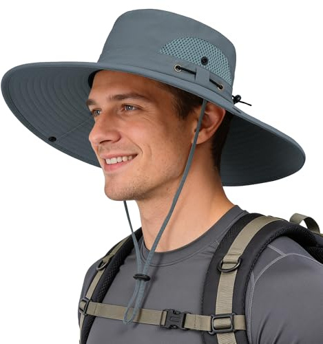 ehsbuy Sombrero Hombre Verano Mesh Gorro Pescador Safari Correa de Barbilla Ajustable Impermeable Transpirable Gorra de Pesca Plegable para Trekking Caza Senderismo Camping
