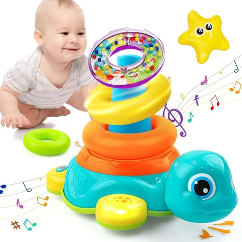 HUIYOKAY Baby Spielzeug ab 6 8 9 12 Monate Schildkröten Babyspielzeug ab 1 Jahr Musikalische Sensorikspielzeug mit Ringen Stapelturm Geschenk Kinderspielzeug ab 1 2 Jahre Junge Mädchen Weihnachten