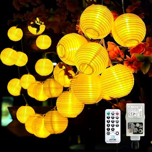 Bigzom LED Lampions Chaîne de lumière extérieure courant, 50Led Chaîne de lumière Lampion avec télécommande fonction de mémoire Timer