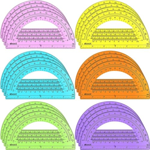 EBOOT 24 Pack Plastic Protractors Math Protractor 180 Degrees 6 Inch (Multi Colors)