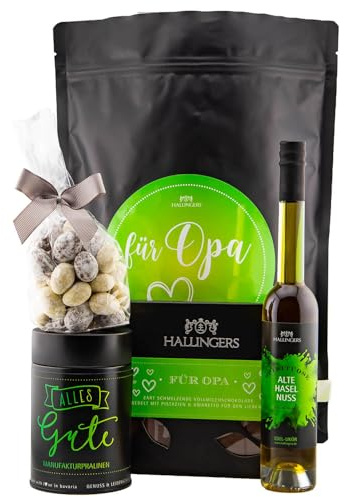 Hallingers Genuss Manufaktur Feinkost Vatertagsgeschenk-Set - XXL-Wundertüte Für Opa großes Mitbringsel Haselnusslikör, Pralinen, Nougatmandeln & Schokolade, Geschenkidee für Papa Opa