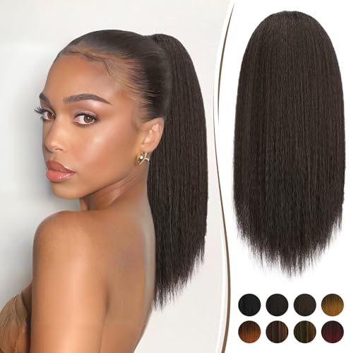 RUWISS Queue de Cheval avec Cordon pour Femmes Noires Extension de Cheveux Yaki Droits Ponytail Queue de Cheval Épais de 40 CM Clip Synthétique Cheveux de Queue de Cheval Brun Foncé