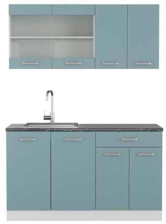 Vicco Singleküche R-Line, Küchenzeile Single, Blau-Grau/Weiß, 140 cm, AP Anthrazit