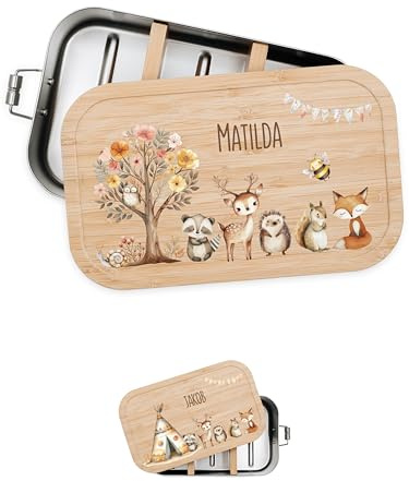Bärenfreunde® - Personalisierte Brotdose für Kinder mit Spezial-Druck - Robuste Edelstahl Brotdose - Personalisierte Geschenke für Kinder & Erwachsene (Blumenbaum Tiere,klein Weißblech)