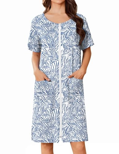 Ekouaer Bata corta con cremallera para mujer, bata de baño ligera con estampado floral, vestido de casa con bolsillos, camisón S-3XL