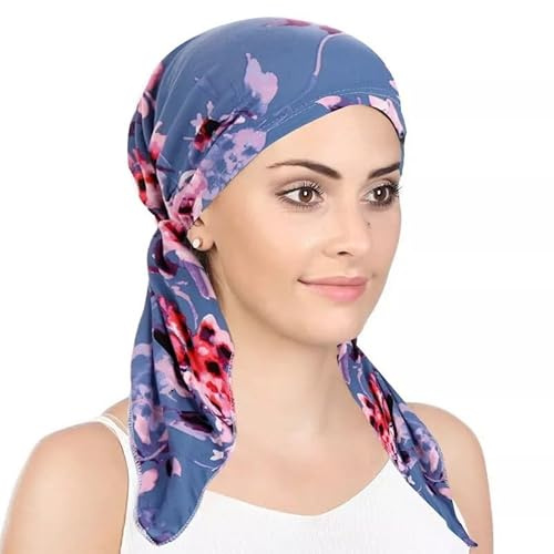 Pre Tied Headwrap Headscarf Chemo Headwear Beanie Head Cover Scarf Turban Cap Alopecia Bandana (A Blue Floral)