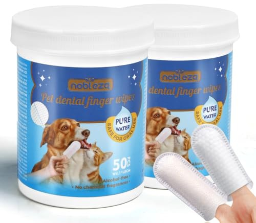 Nobleza Almohadillas de Limpieza de Dientes para Perro y Gato, 100pcs Toallitas de Higiene para Perros, Eliminación Eficaz del Sarro, Fórmula de Agua Pura, No Irritante, Sin Alcohol ni Sabor Químico