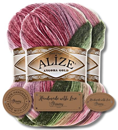 Hobby YARN 3x Etikettenlabel mit Alize Angora Gold Batik Wolle Premium 3x100g als Set, Yarn, Garn, Schurwolle, Farbverlauf, Strickgarn zum Häkeln, Stricken, Kleidung (2527)