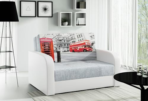 LIKMA Ausziehbar 2 Sitzer Sofa Togo Foto Grau + Weiss Kunstleder 135x90x100 cm Schlaffunktion Bettzeugbehälter Kissen Sofa mit Bettfunktion (110x188 cm) Schlafsofa