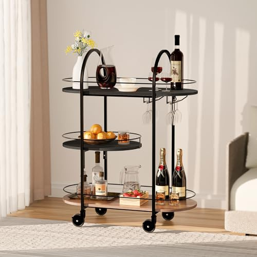 DAWNYIELD Chariot de Bar Mobile Ovale 3 Niveaux, Chariot à Boissons avec Roues Bloqables et Porte-Verres, Chariot de Service Roulant pour Cuisine Salon Fête Bar Maison, Noir