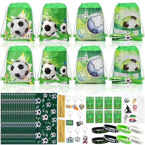 KingYH Fußball Mitgebsel Fußball Party Mitgebsel Jungen Fußball deko geburtstag mit Fussball Kordelzugbeutel Flipperspiel Schlüsselanhänger Silikonarmband Sticker und Bonbontüte