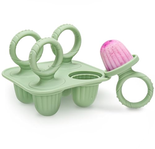CLDY 4 Mulden Eisformen Baby Silikon, Kinder Eisförmchen Popsicle Formen, Enthält 6 Stäbchen, BPA-Frei, Lebensmittelecht, leicht zu reinigen, ideal für Fruchtpüree & Muttermilch (Grün)
