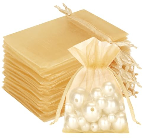 G2PLUS 100PCS Bolsas Organza Dorado: Bolsas de Organza de Regalo con Cordón 7×9CM para Boda Favores Joyas y Dulces