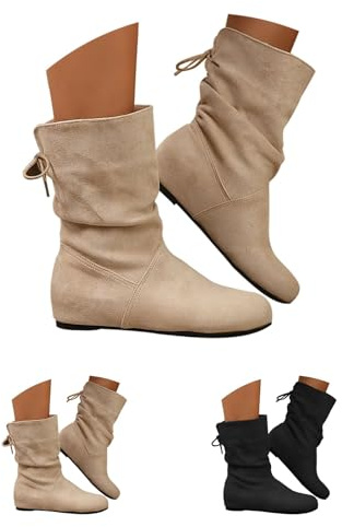 Generisch Bottines plates pour femmes Bottes de cowboy pour femmes en cuir Bottes de loisir avec lacets Bottes pour femmes couleur unie Bottines de loisir élégantes Bottes d'extérieur mi-hautes Bottes