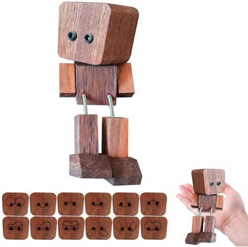 PLUSHCEWT Figurine en bois animée pour tableau de bord de voiture, 12 expressions magnétiques - Figurine en bois faite à la main avec pieds mobiles - Figurine amusante pour voiture, tableau de bord