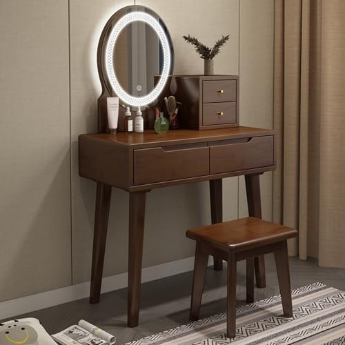 Sminkskåp med lampor sminkpall förvaringsskåp massivt trä skrivbord och spegel för små sovrum brun 31,5 tum perfekt för snygg makeup och organisation