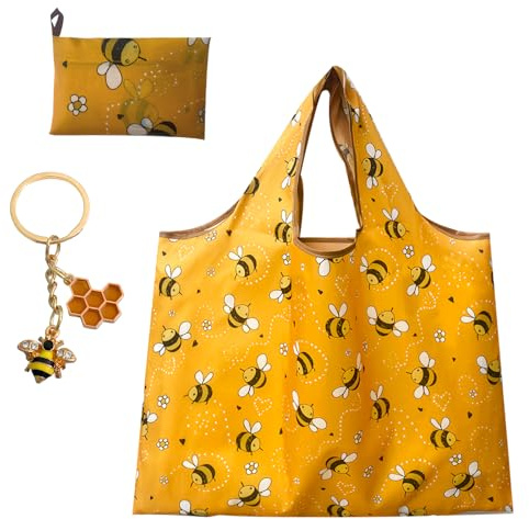 Hontaog Extra Large Foldable Reusable Grocery Shopping Bag, 50x68cm Lightweight & Waterproof Tote Bags, Tear-Resistant Storage Handbag for Daily Use, Travel, Quick-Drying, Durable - Yellow