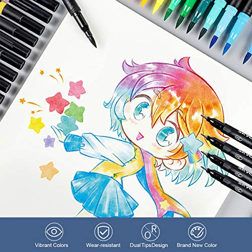 LDAUYZLING 24 colores Rotuladores de punta doble con delineador fino de 0,4 mm y punta de pincel de fibra Marcadores artísticos Tinta a base de agua Bolígrafos de color