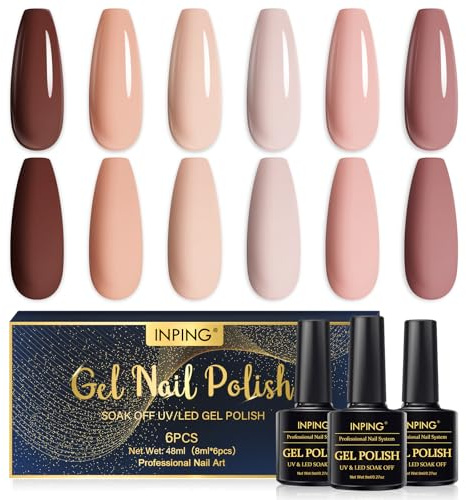UV nagellack naken natur mörkbrun gel gellack set gelnaglar nagelkonst | INPING 6 stycken naturliga hudfärger blötläggning UV för gör-det-själv hemma nagelkonst salong fransk manikyrsats 8 ml