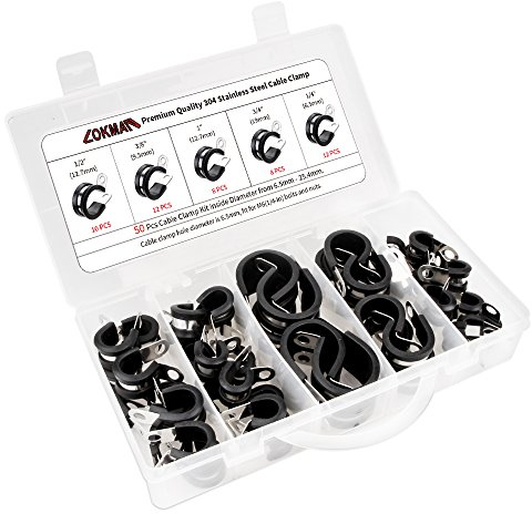 LOKMAN 50 Pieces Stainless Steel Cable Clamp Assortment Kit, Rubber Cushion Pipe Clamps Wire Line Insulated Clamps Assorted for Tube, Pipe, Cord Installation in 5 Size 1/4'' 3/8'' 1/2'' 3/4'' 1''