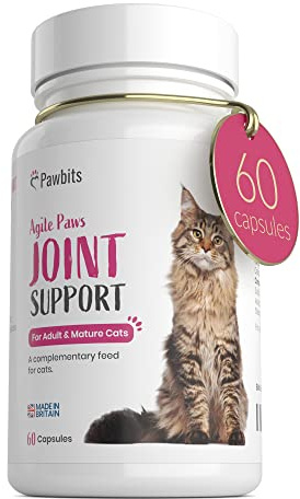 60 Pawbits Joint Support for Cats Tablets for Stiff & Mature Adult Cats Anti-Inflammatory Relief Supplements, Green Lipped Mussel, Glucosamine & Hyaluronic Acid Sprinkle Capsules (60)