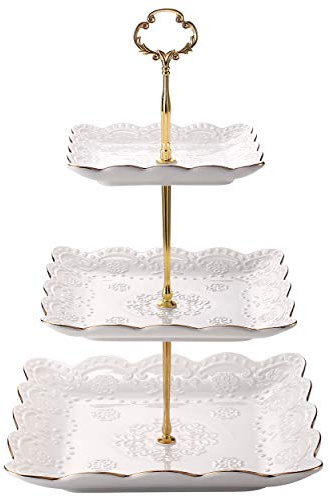 Sumerflos 3-Tier Square Porcelain Cake Stand, White Rimmed with Gold Embossed Cupcake Dessert Stand - Tiered Serving Tray for Tea Party and Show
