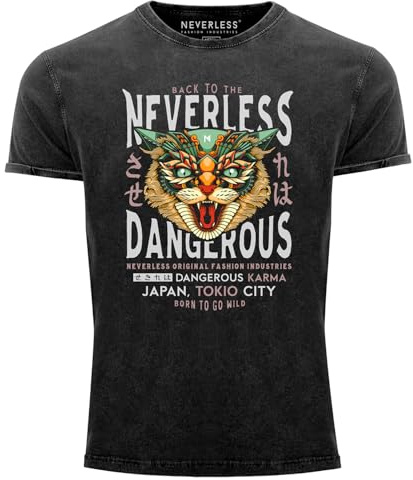 Neverless® Herren T-Shirt Vintage Shirt Printshirt Design Print Katzenkopf Dangerous Cat Motiv Japan Tokio City Schriftzug Fashion Streetstyle Used Look Slim Fit Schwarz XL