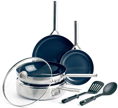 Blue Diamond Cookware Triple Steel Stainless Steel Diamond Reinforced Ceramic Nonstick 7-Piece Cookware Pots and Pans Set, Frying Pan, Skillet,Sauté Pan,PFAS-Free,Multi Clad,Induction,Oven Safe,Silver