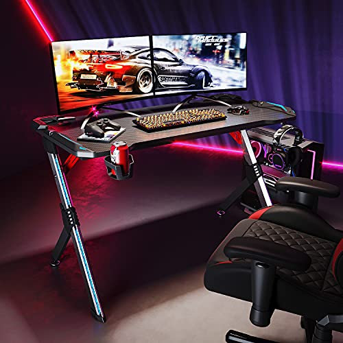 SIRHONA Bureau Gaming Bureau Gamer Pro Lumière Surround RVB Angle Bureau pour Table de Gaming PC,Bureau Gaming 120x60x75cm