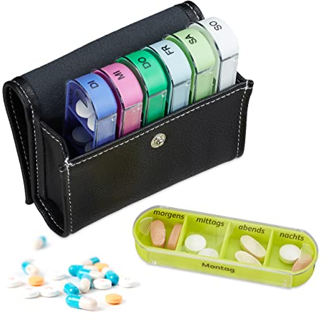 Relaxdays Tablettenbox, 7 Tage, 4 Fächer, BPA-freier Kunststoff, Tablettendose mit Tasche, Reise Medikamentenbox, bunt