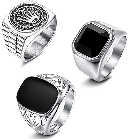 JeweBella 3 Stück Siegelring Herren Edelstahl Vintage Punk Biker Ring Set Gothic Krone Schmuck für Männer Damen Größe 54-70