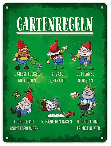 speecheese Reglas de jardín Cartel de metal XL en 21 x 28 cm con divertidos gnomos