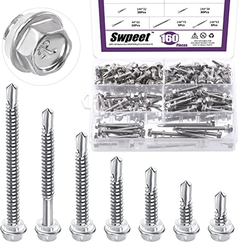 Swpeet Juego de 160 tornillos autoperforantes de cabeza hexagonal de acero inoxidable 410 #14, juego de tornillos autoperforantes, tornillos de metal antioxidantes para metal
