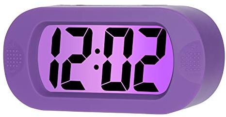 Plumeet Einfach Einzustellen, Großer Digitaler LCD-Reisewecker, Mit Schlummermodus und Nachtlicht, Ansteigendem Soundalarm & Handgerät-Größe, Kinder (Lila)
