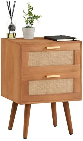 CARO-Möbel Nachttisch WAMAN mit 2 Schubladen, Nachtkommode aus Paulownia Holz und Jute Geflecht, Nachtschrank im Retro Design in braun, Boho