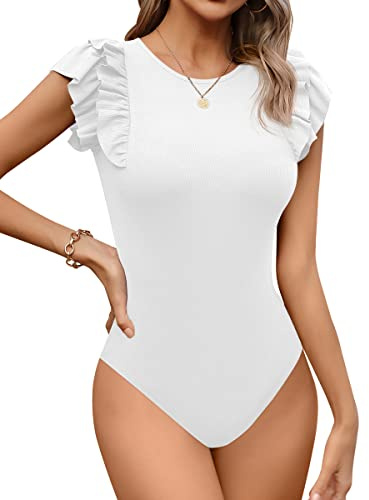 Missufe Body da donna elegante con scollo tondo, ruches a maniche corte, top, bianco, L