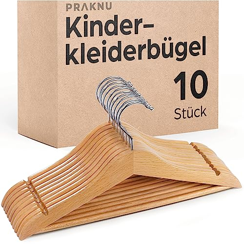 Praknu Kinderkleiderbügel Holz mit Haken 360° Drehbar - 10er Set - Robustes Natur Buchenholz FSC® - Perfekte Ordnung für Kinderkleidung - Kleiderbügel Kinder