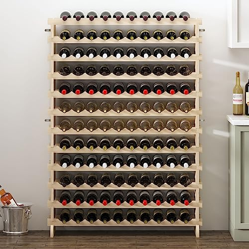sogesfurniture Portabottiglie per vino a 12 ripiani per 120 bottiglie, supporto per bottiglie di vino, scaffale espositore per conservazione vino in legno massello naturale, organizer per bottiglie