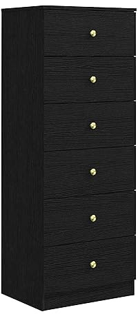 Panana Modern 6 Drawer Vertical Dresser, Wood Tall Chest of Drawers N Arrow Storage Organizer with Wide Drawers & Metal Gold Handles for Bedroom, Living Room, Office, Hallway, Entryway (Black)