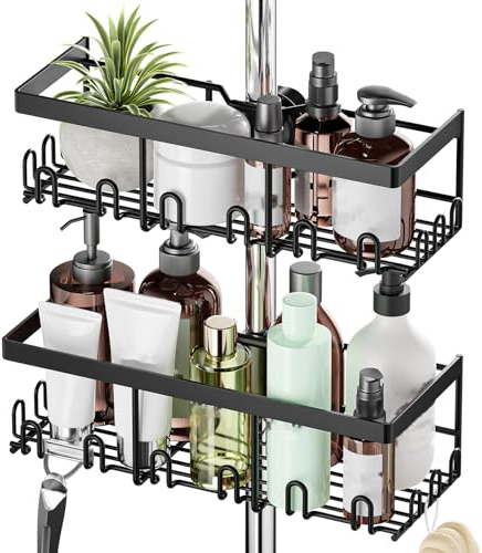 HouseUp Etagere Douche Sans Percage, Rangement Douche, Suspendre pour Salle de Bain sans Perçage, étagère de Rangement pour Barre de Douche de 18 à 25 mm Noir