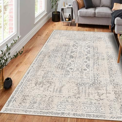 bamyum Duncan Waschbarer Vintage Bedruckter Teppich Chenille-Druck Maschinell Hergestellt 200 x 300 cm, Wohnzimmer, Schlafzimmer, Antibakteriell Antirutschunterlage Küchenteppich Beıge
