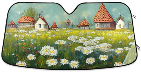 ZRWLUCKY Rustikales Cottage und Gänseblümchen-Motiv, grüne Wiese, Auto-Sonnenschutz, Windschutzscheibe, faltbarer UV-Visierschutz, hält das Fahrzeug kühl, Auto-Sonnenschutz, Blöcke für SUV, Jeep, LKW