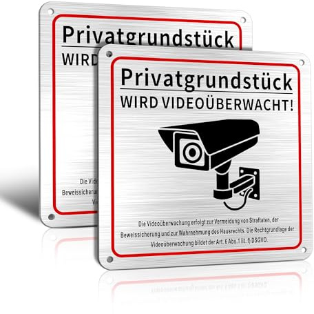 TAKULA 2er Videoüberwachung Schild 15x15cm Warnschild für Privatgrundstück | Aluminium gebürstet. Klebend + vorgebohrte Löcher zur Montage.Ideal für Haus, Hof & Eingangsbereich.DSGVO-konformer Hinweis