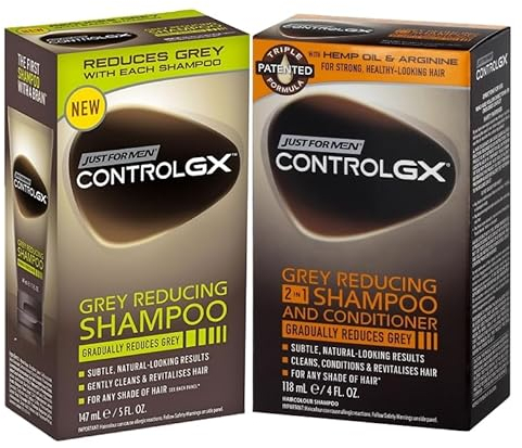 Just for Men - Control GX Shampoo y Acondicionador 2 en 1 de 118 ml + Shampoo Reductor de Canas con Aloe Vera y Aceite de Coco 118 ml x 2 - Pack Promoo