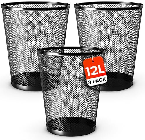 Waste Paper Bin - 12L Black Colored Metal Office Bin for Office, Bedroom, Living Room or Kitchen Use (3 Pack)