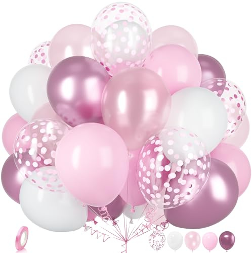 Ousuga Globos Rosas Blancos, 30 Piezas 12 Pulgadas Globos Rosa Blanco Pastel Rosa Metálico Globos Látex Confeti para Niñas Mujer Fiesta Cumpleaños Boda Baby Shower Bautizo Aniversario Decoración