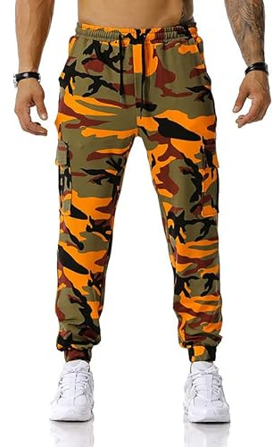 maxToonrain Pantalones de chándal para hombre, estilo cargo camuflaje, de ajuste suelto, con cuatro bolsillos, cintura elástica para senderismo al aire libre, combate, gimnasio y uso diario, naranja