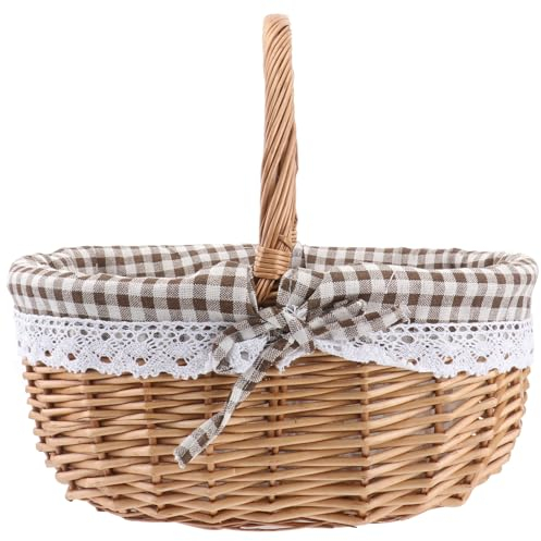 MAGICLULU Picknickkorb aus Weidengeflecht mit Einlage Ovaler Weidenkorbgriff Blumenmädchenkorb Picknickkorb im Vintage- Gewebter Leerer Geschenkkorb für Picknick Camping D